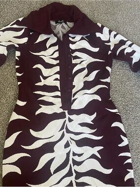 Hanifa Maroon and White Abstract Knit Mini Dress